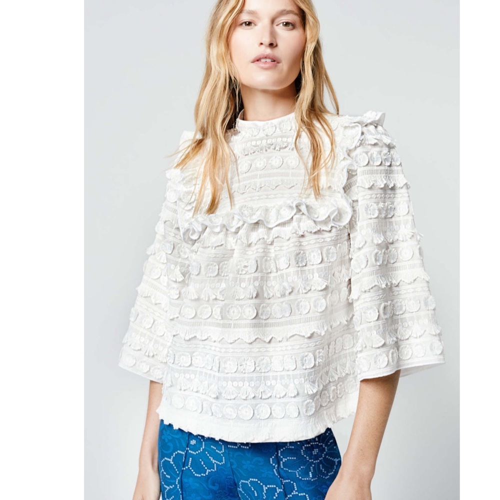 SMYTHE Women's White Ruffled Lace Blouse Size M